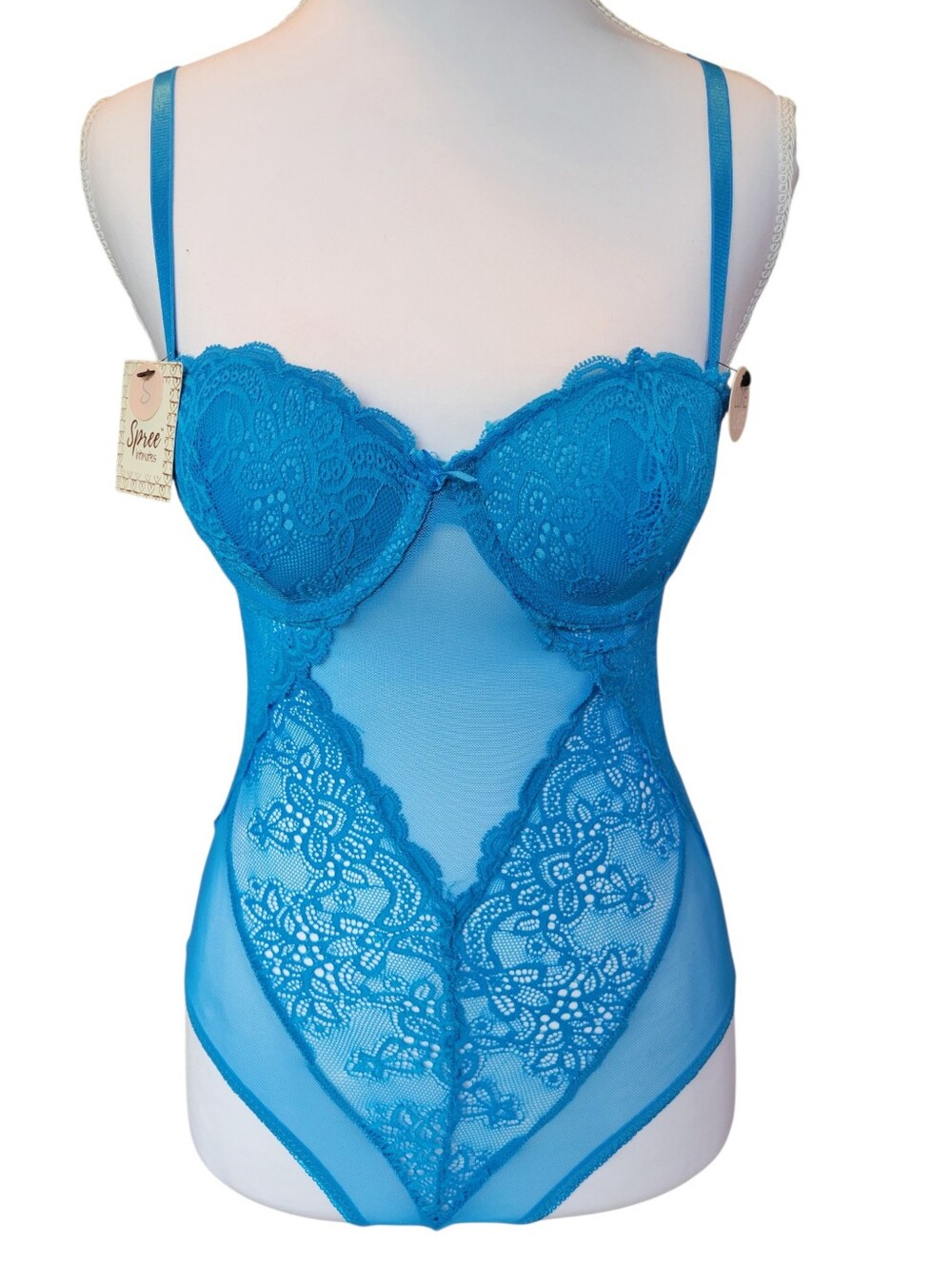 Spree Intimates Blue Push Up Bra Top Sheer Mesh Lace Bodysuit